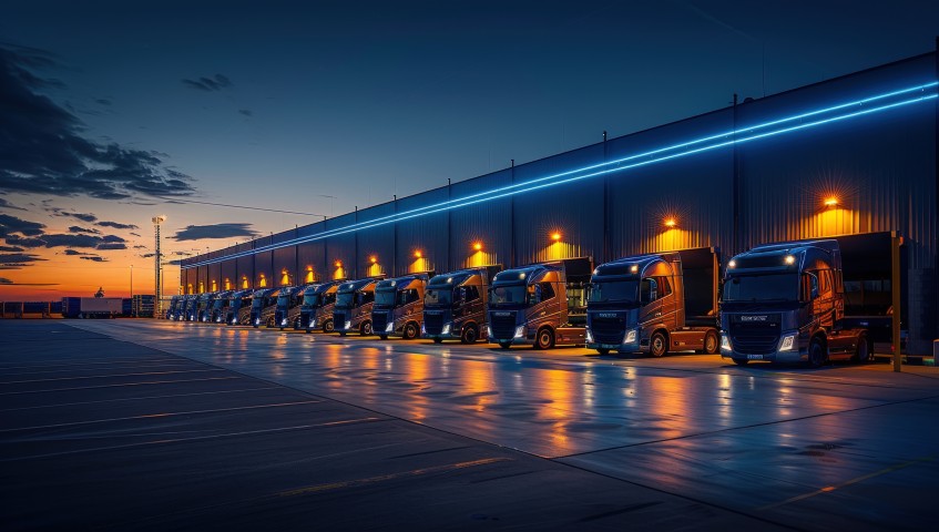 Fleet of trucks parked at night