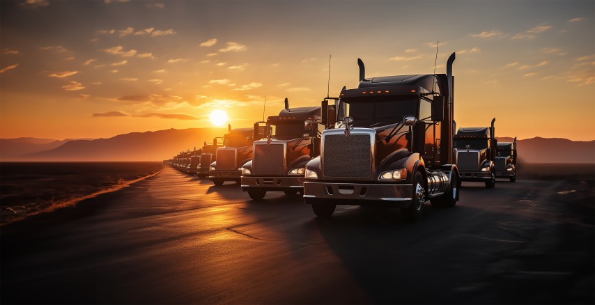Semi trucks driving at sunset